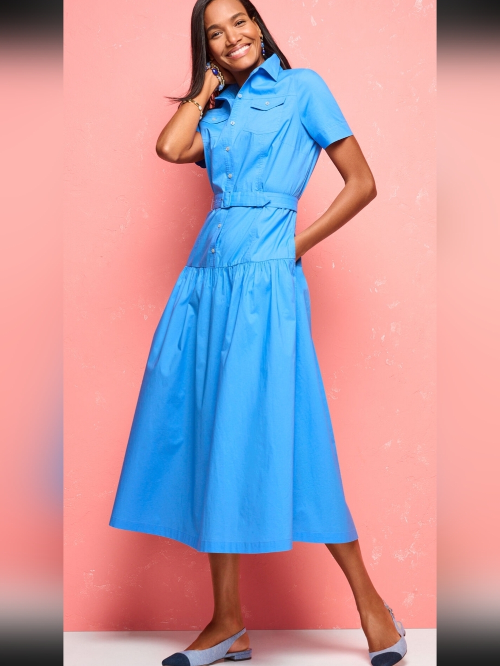 Talbots Ligth Blue Short-Sleeve Belted Midi Dress